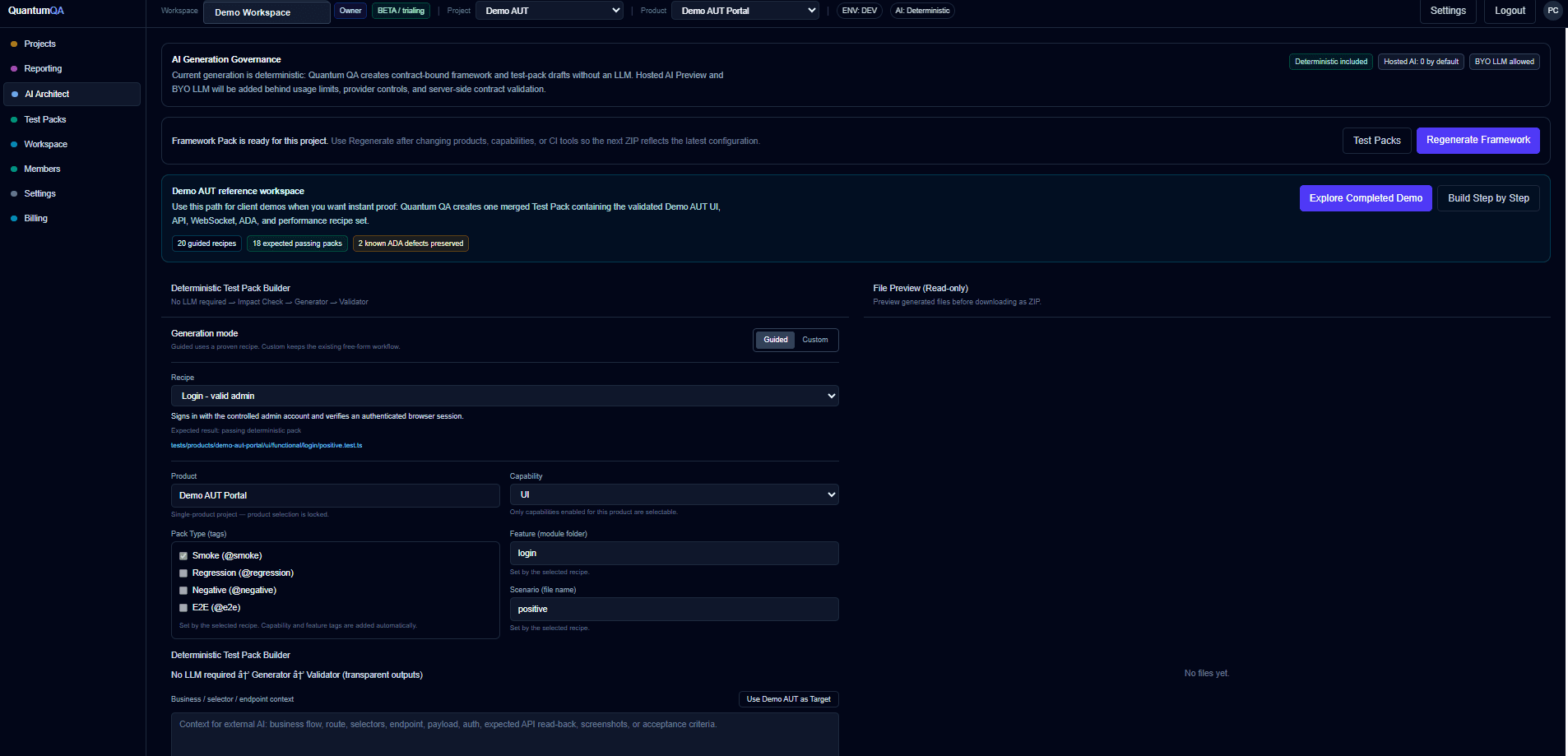 Quantum QA AI Architect guided recipe screen for Demo AUT