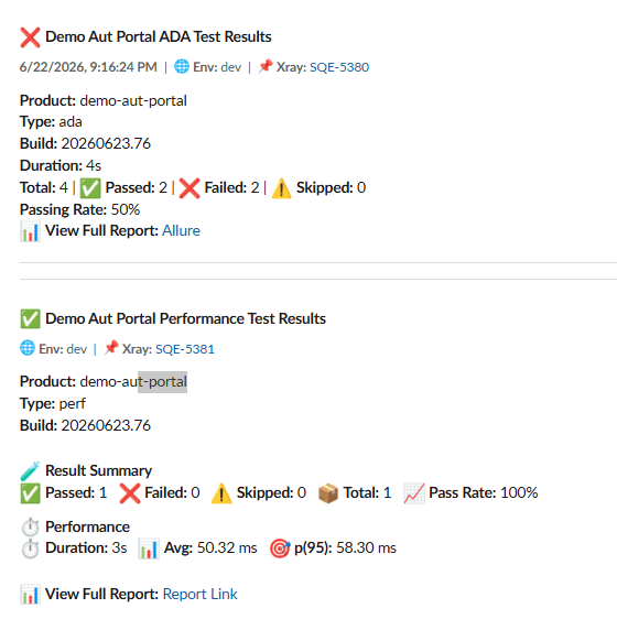 Slack notification showing Demo AUT test results with Xray links